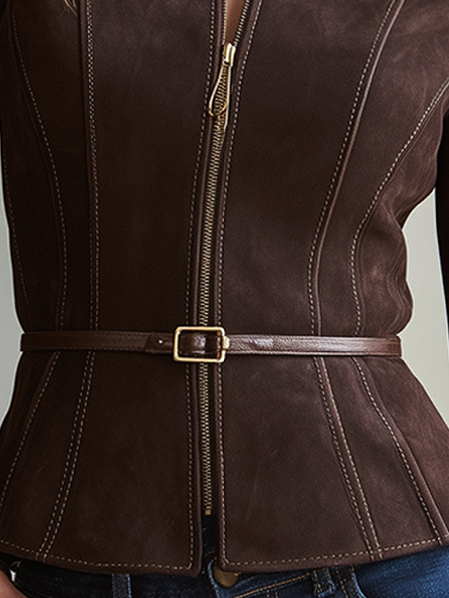 Belted Faux Suede Zip-Front Tailored Jacket