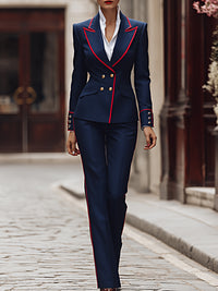 Navy Contrast Piped Double-Breasted Suit Set