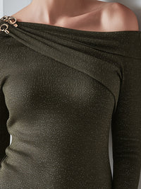 Asymmetric One-Shoulder Knit Top With Gold Hardware Detail