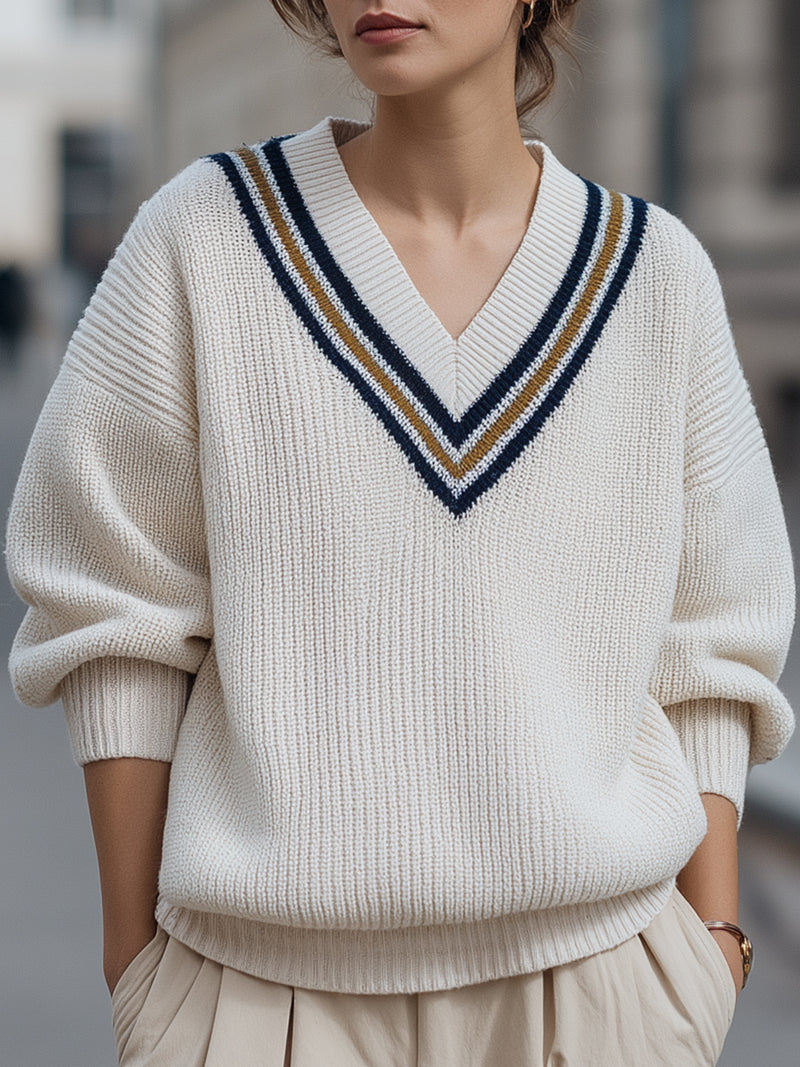 Ivory V-Neck Knit Sweater With Contrast Stripe Detail