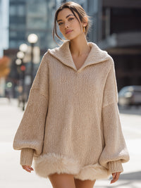 Oversized Knit Sweater With Faux Fur Hem