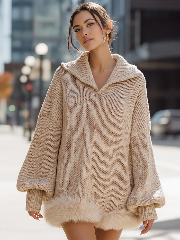 Oversized Knit Sweater With Faux Fur Hem