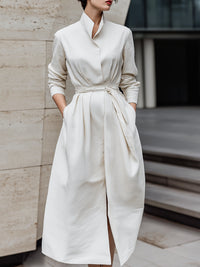 Minimalist Stand-Collar Tie-Waist Midi Dress