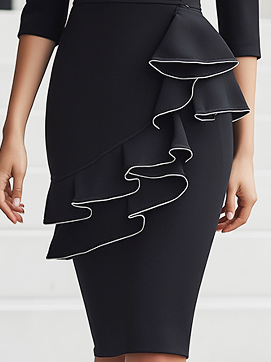 Black Blazer-Inspired Ruffle Midi Dress