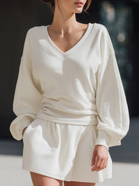V-Neck Balloon Sleeve Two-Piece Set