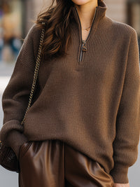 Brown Half-Zip Ribbed Knit Sweater