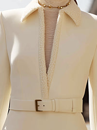 Elegant Wool-Blend Belted Mini Dress With Shearling Collar