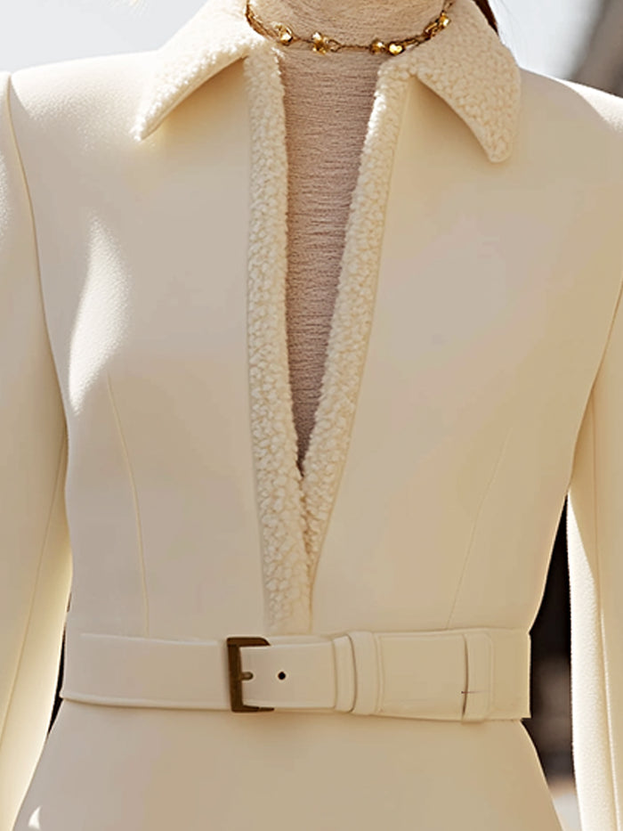 Elegant Wool-Blend Belted Mini Dress With Shearling Collar
