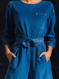 Ombre Wide-Leg Denim Jumpsuit With Tie Waist