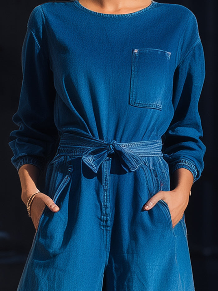 Ombre Wide-Leg Denim Jumpsuit With Tie Waist