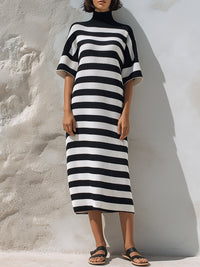 Striped High-Neck Relaxed Knit Midi Dress