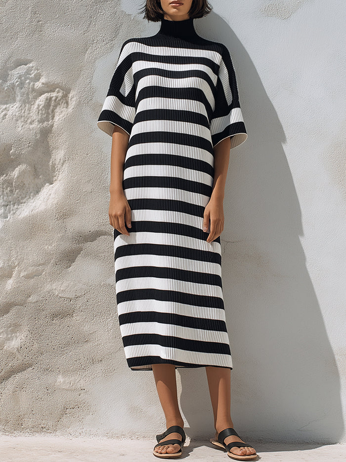 Striped High-Neck Relaxed Knit Midi Dress