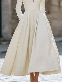 Ivory Deep V-Neck Long Sleeve A-Line Maxi Dress