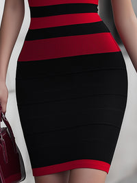 Bandage V-Neck Midi Dress With Wine-Red Stripe Panels