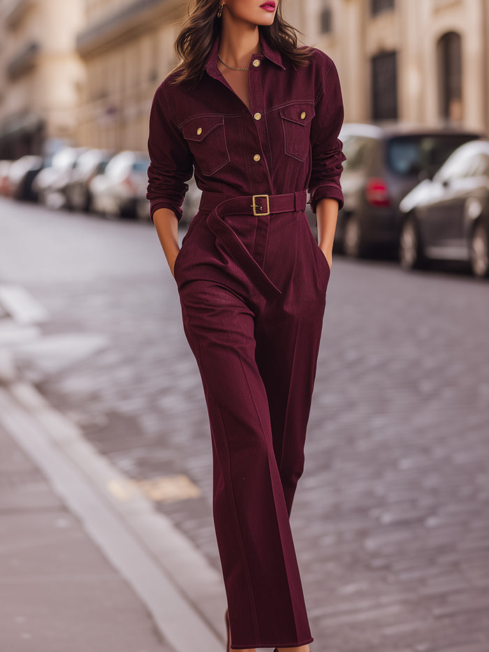 Burgundy Belted Utility Jumpsuit