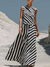 Sleeveless Striped Top And Printed Skirt Two-Piece Set