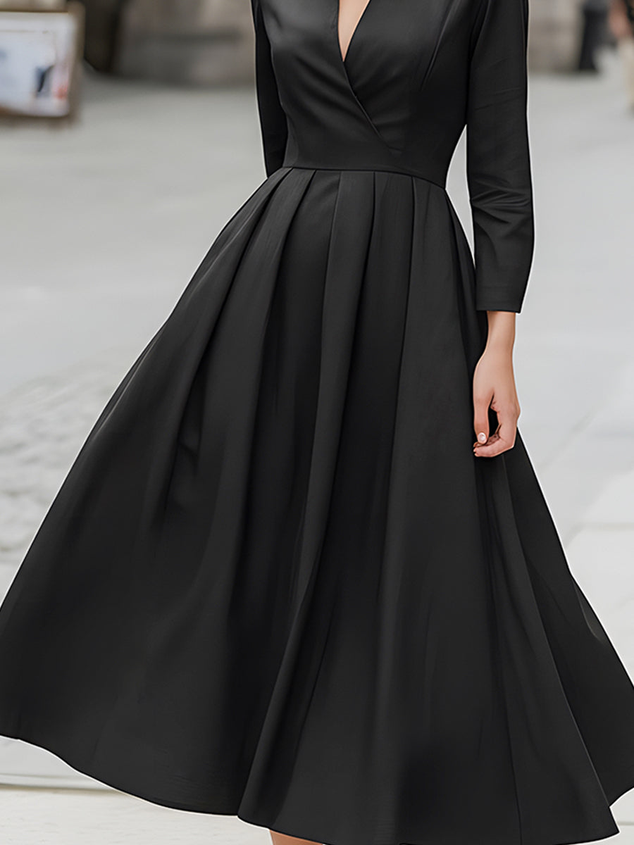 Black Wrap-Style V-Neck Midi Dress