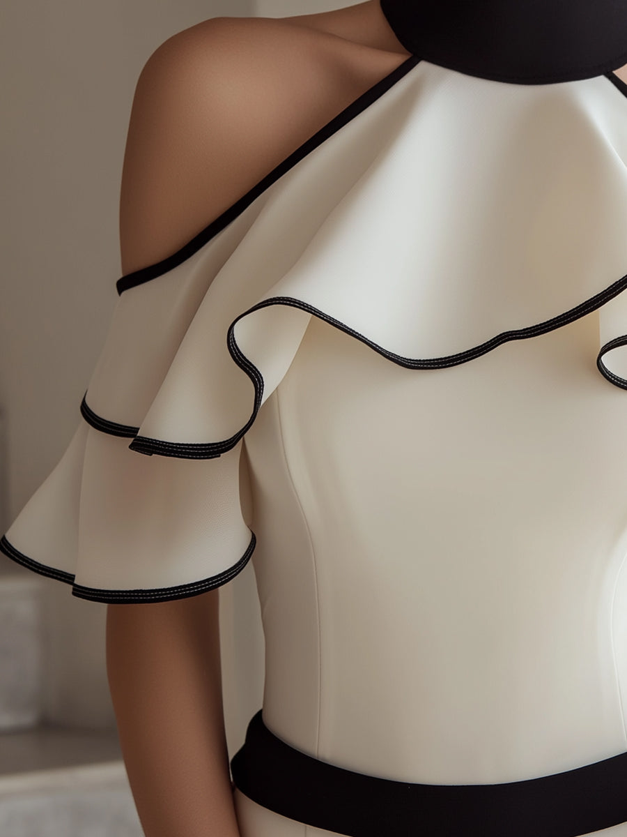 Cold-Shoulder Halter Top With Layered Ruffle And Contrast Trim