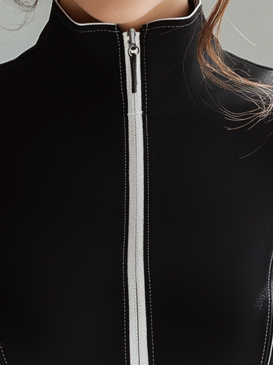 Black Contour Zip-Up Top