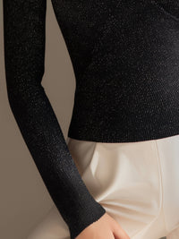 Asymmetrical Cutout High-Neck Shimmer Knit Top