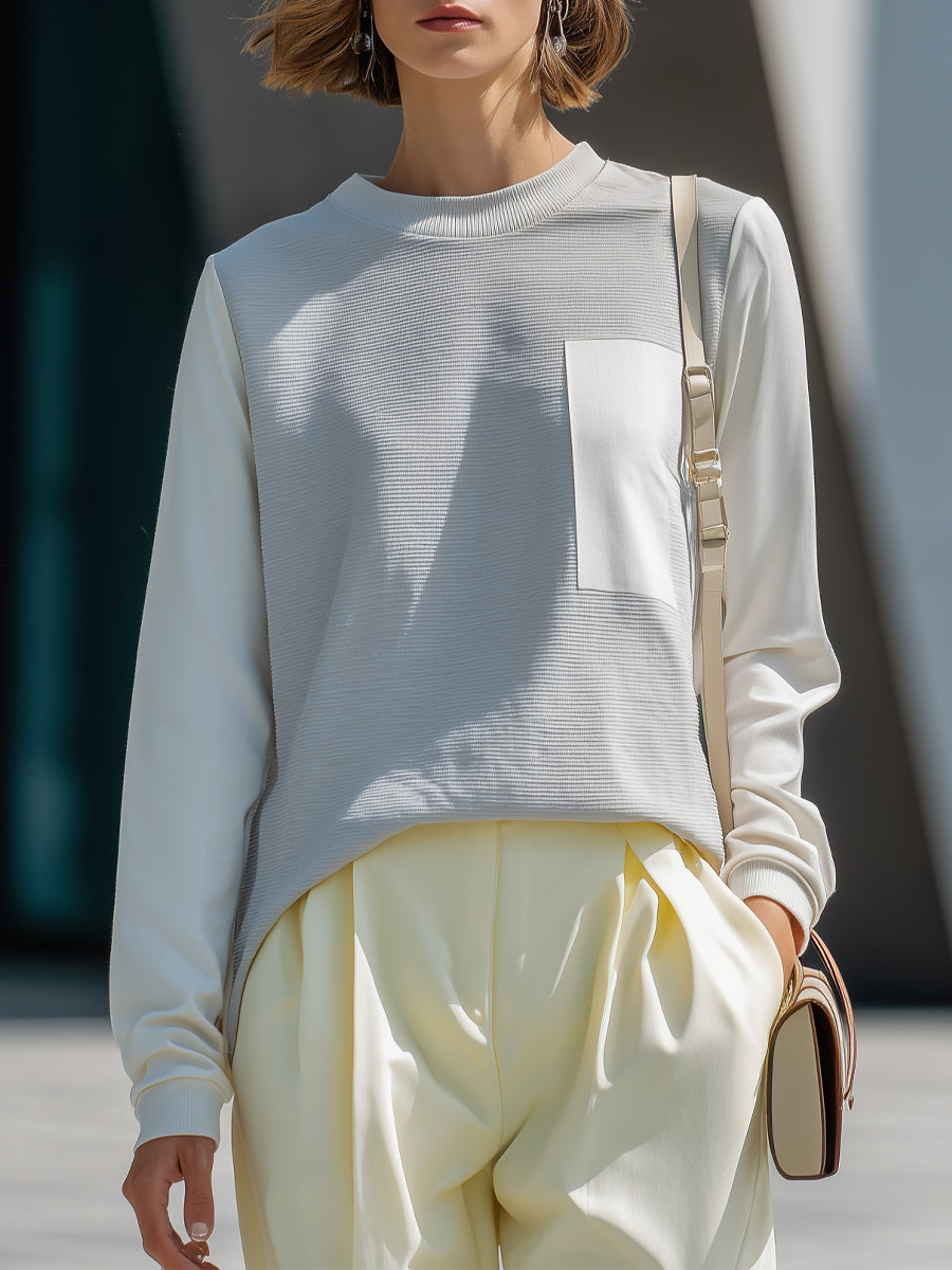 Woven-Panel Long-Sleeve Top