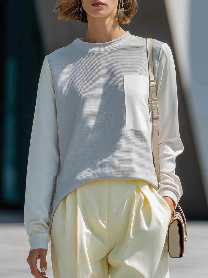 Woven-Panel Long-Sleeve Top