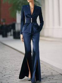 Hourglass Waist Blazer Trousers Set With Front Slit Flared Trousers