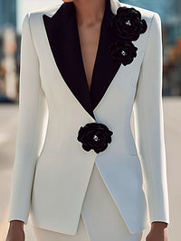 White Tuxedo Suit With Black Floral Embellishments