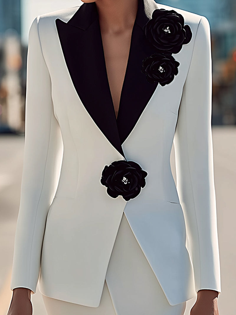 White Tuxedo Suit With Black Floral Embellishments