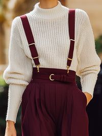 Burgundy High-Waist Suspender Trousers With White Knit Sweater