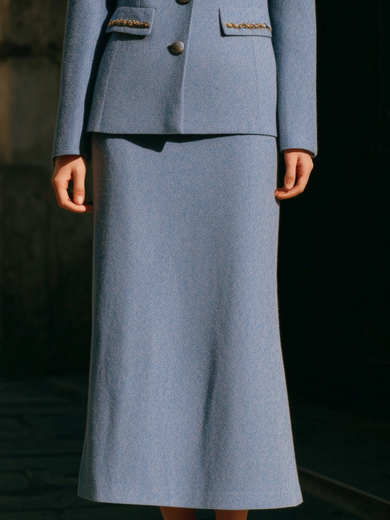 Wool Skirt Suit With Faux Fur Collar