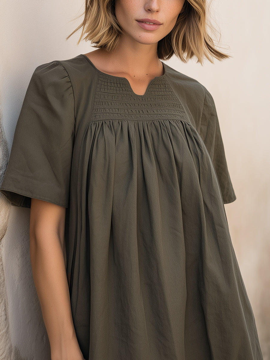 Smocked Yoke Short Sleeve Midi Dress
