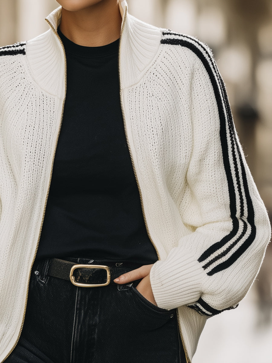 White Zip-Up Knit Bomber Jacket With Black Stripes