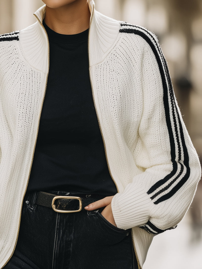 White Zip-Up Knit Bomber Jacket With Black Stripes