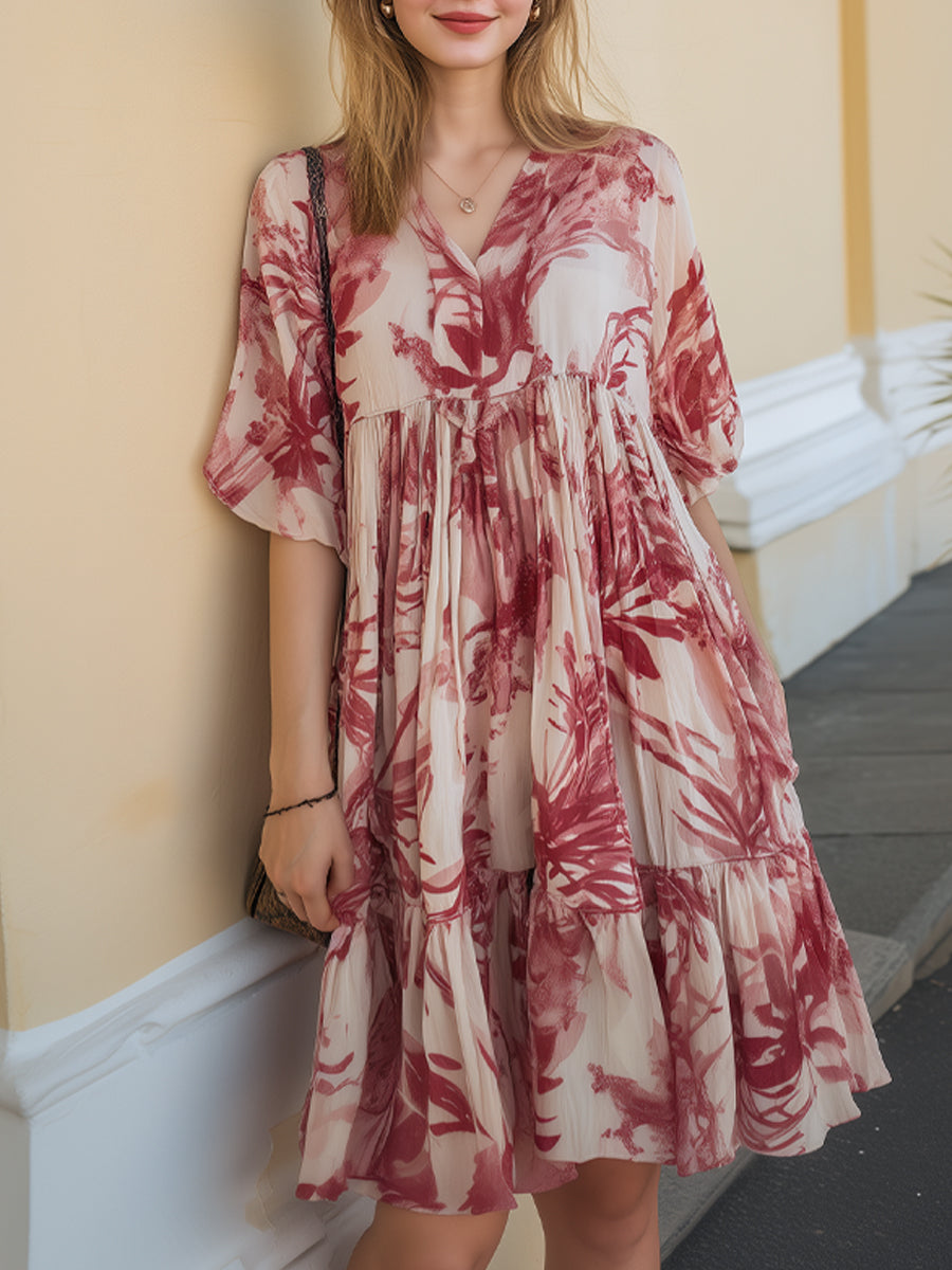 Printed Short-Sleeve Tiered Midi Dress