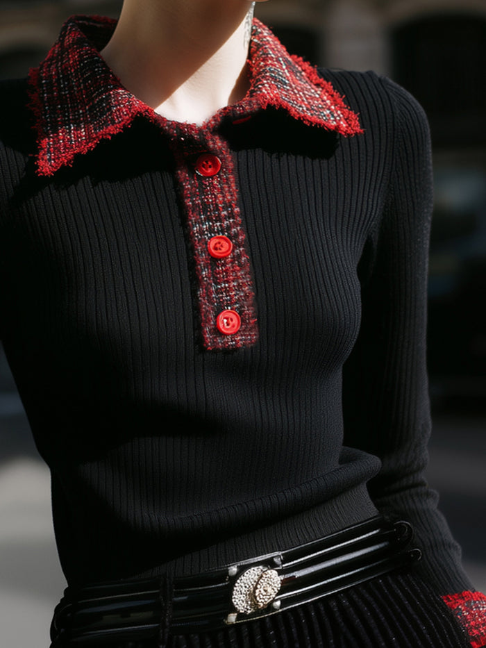 Tweed Contrast Collar Knit Top