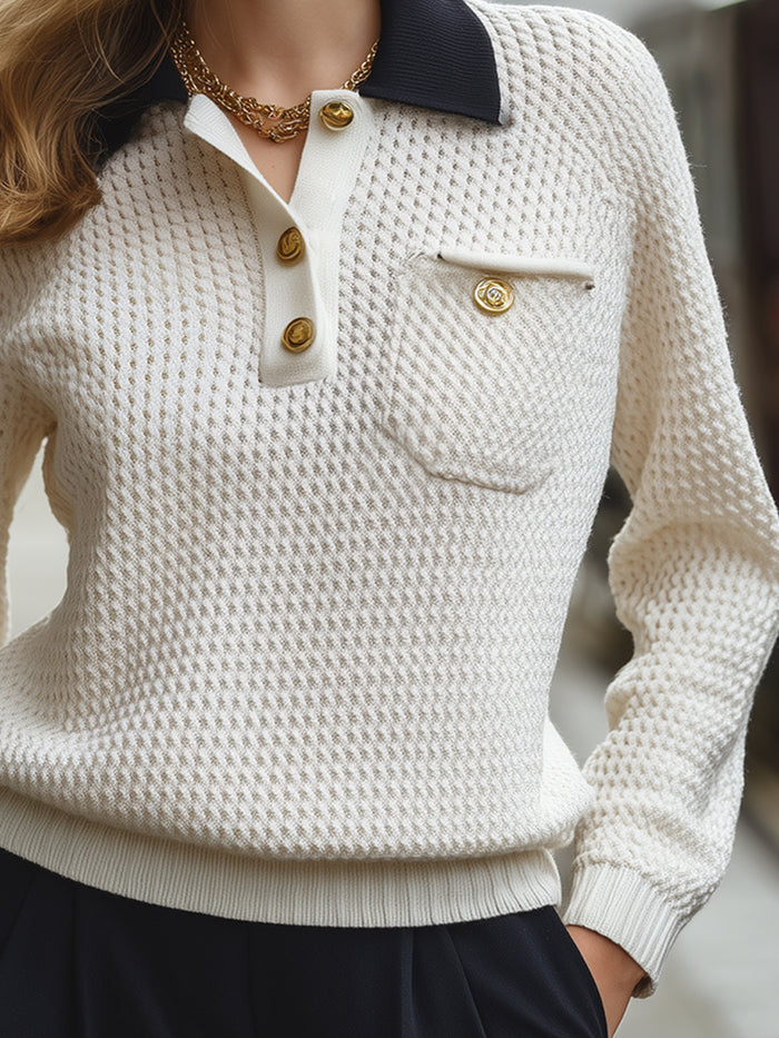 Contrast-Collar Knit Polo Sweater With Gold Accents