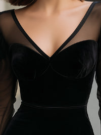 Velvet Sweetheart Mesh Puff-Sleeve Midi Dress