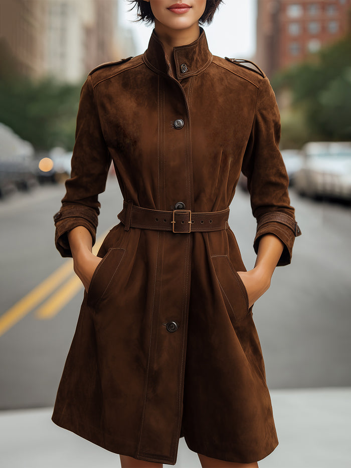 Chocolate Suede Belted Trench Coat