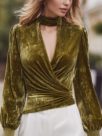 Olive Velvet Wrap Blouse With High Neck