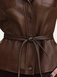 Chocolate Brown Faux Leather Belted Jacket