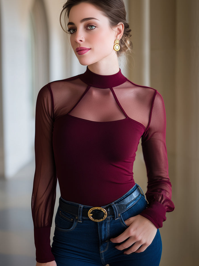 Sheer Mesh High-Neck Long Sleeve Top In Burgundy