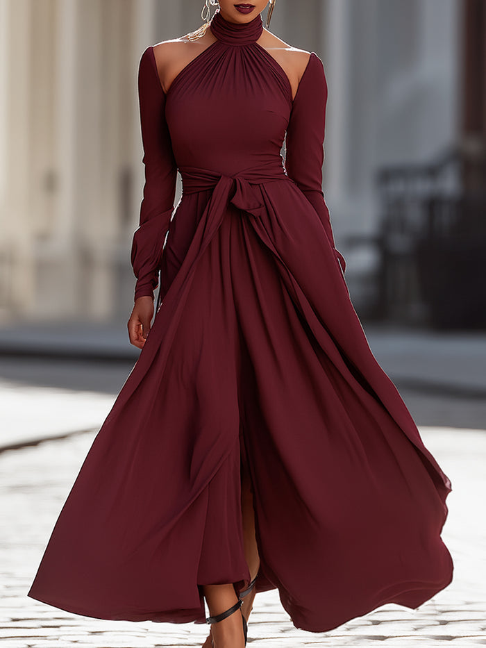 Burgundy High-Neck Cold-Shoulder Maxi Dress