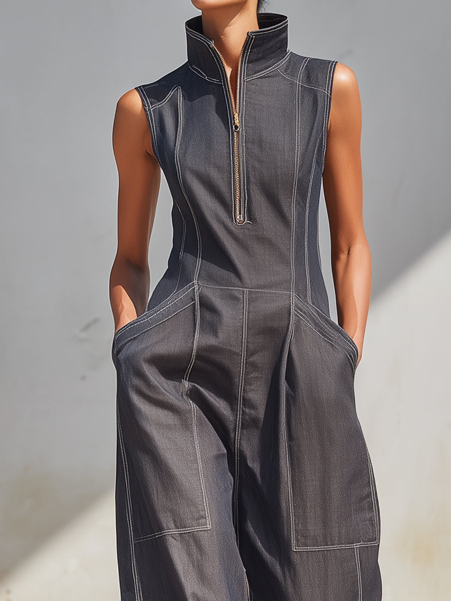 Modern Utility Sleeveless Zip-Up Wide-Leg Jumpsuit – Minimalist Chic Style