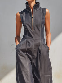 Modern Utility Sleeveless Zip-Up Wide-Leg Jumpsuit – Minimalist Chic Style