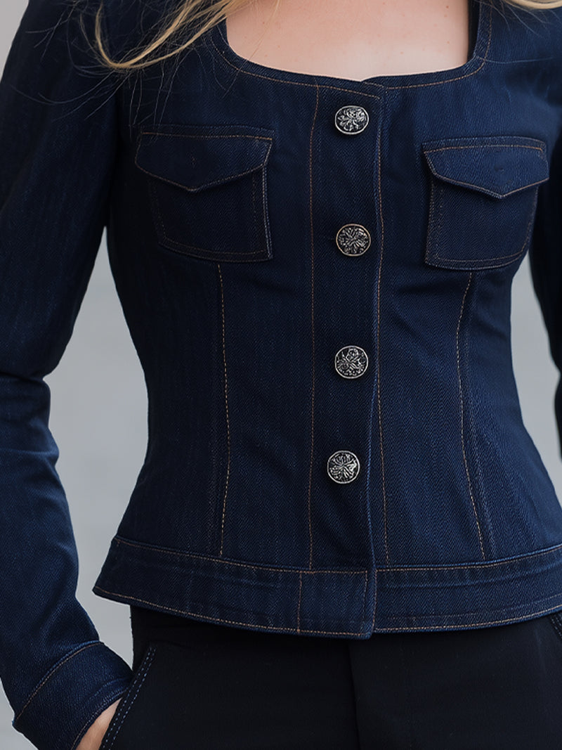 Navy Denim Square-Neck Buttoned Jacket