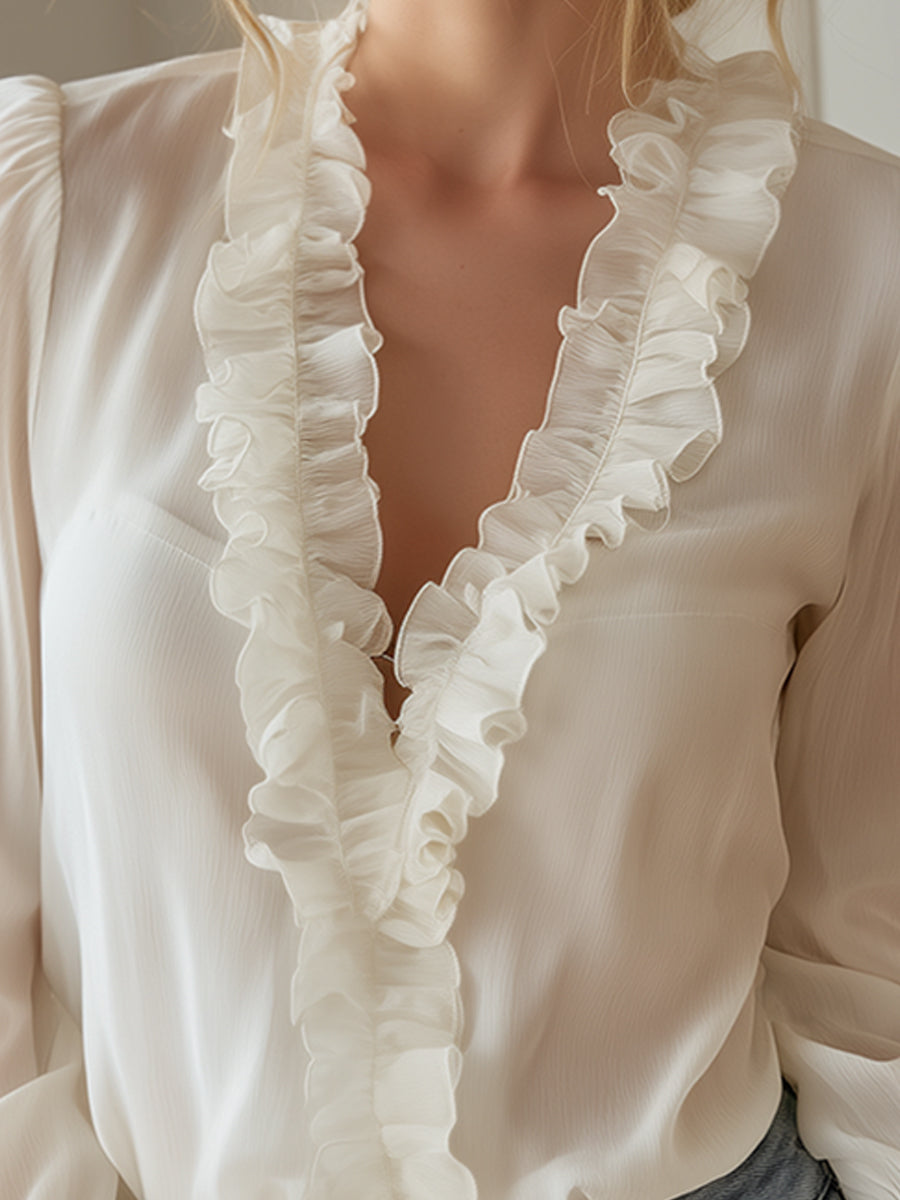 Ruffled V-Neck Sheer Chiffon Blouse