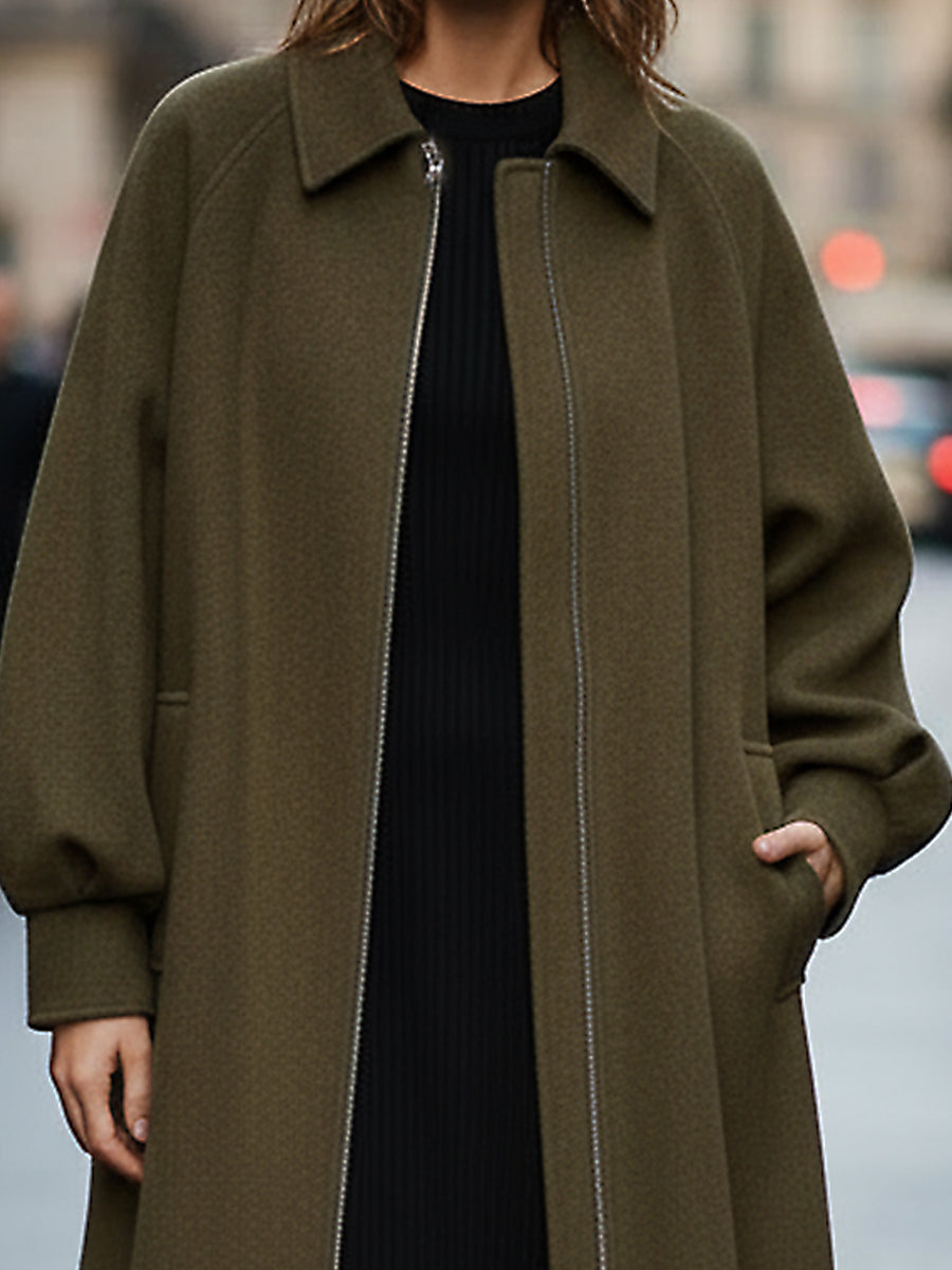 Olive Wool-Blend Cocoon Coat With Zipper Detail