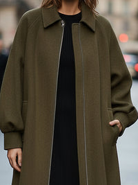 Olive Wool-Blend Cocoon Coat With Zipper Detail