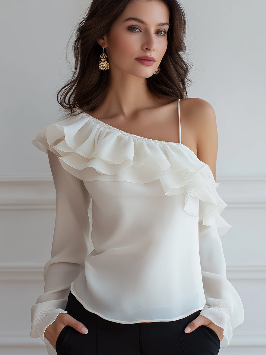 One-Shoulder Ruffled Chiffon Blouse With Sheer Sleeve